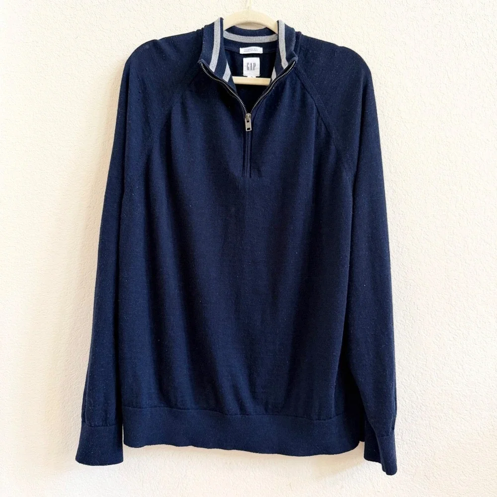 GAP Mens XL Navy Blue‎ 100% Merino Wool Quarter Zip Pullover Sweater Mock Neck